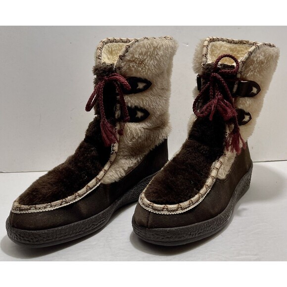 VINTAGE SNOWLAND SUEDE FAUX SHERPA FUR APRES SKI WEDGE BOOTS Size 9 MADE IN USA - Picture 2 of 16